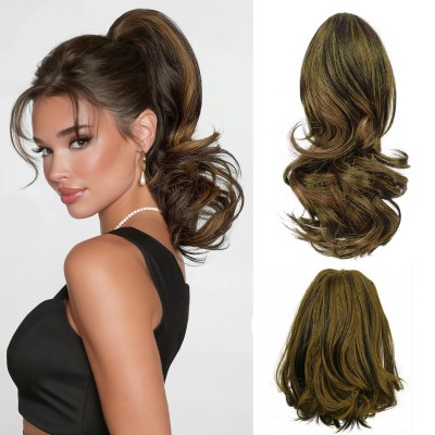 Moño Cola de caballo 2en1 (castaño c/dorado) con clip de pinza, 14 pulgadas, clásicas, sueltas, rizadas, onduladas (Sexy String)