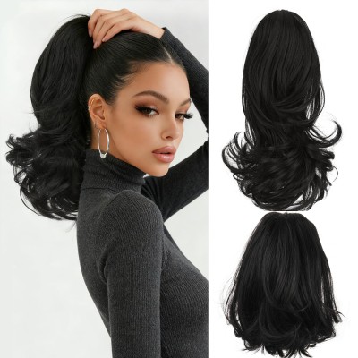 Moño Cola de caballo 2en1 (negro) con clip de pinza, 14 pulgadas, clásicas, sueltas, rizadas, onduladas (Sexy String)