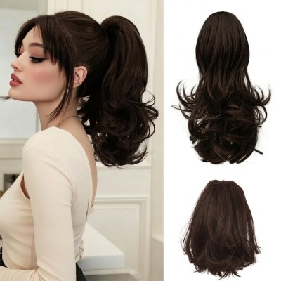 Moño Cola de caballo 2en1 (marrón) con clip de pinza, 14 pulgadas, clásicas, sueltas, rizadas, onduladas (Sexy String)