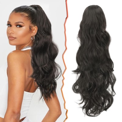 Moño Cola de caballo (negro) largo con clip de pinza, postizo 22 pulgadas, clásicas, sueltas, rizadas, onduladas (Chica String)