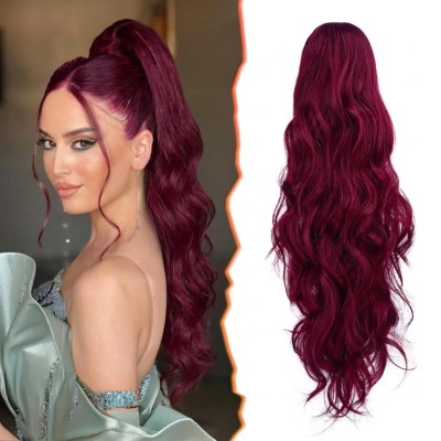 Moño Cola de caballo (borgoña) largo con clip de pinza, postizo 22 pulgadas, clásicas, sueltas, onduladas (Chica String)