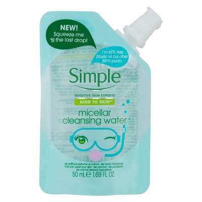 Agua Micelar Limpiadora Simple 50 ml, hidrata y remueve el maquillaje suavemente, sin color libre de químicos, vegano
