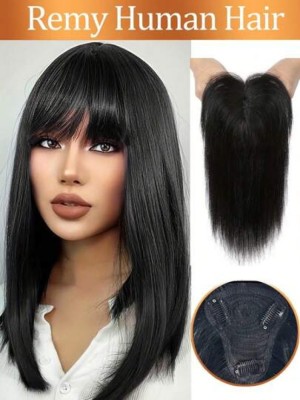 Topper en T de cabello humano con flequillo para cabello (10")