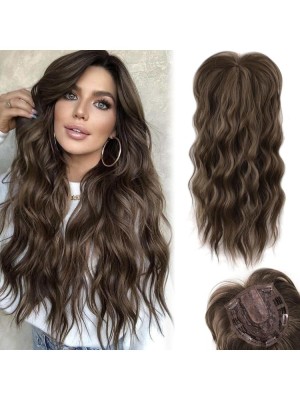 Topper de cabello ondulado sintético de 20" con flequillo y clip, color castaño