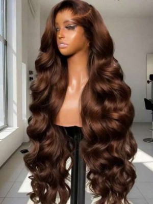 Peluca ondulada de cabello humano 13x4 HD color marrón chocolate