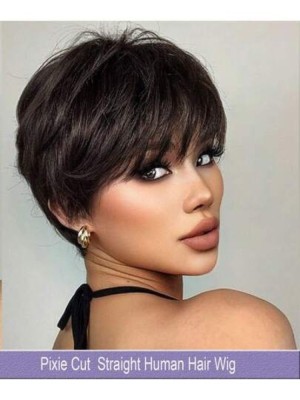 Peluca corta corte Pixie de cabello humano liso con flequillo