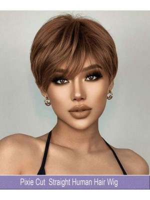 Peluca corta corte Pixie de cabello humano liso con flequillo