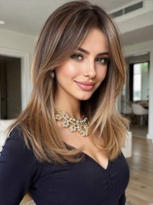 Peluca de cabello liso sintético de 18" degradado marrón con fleco